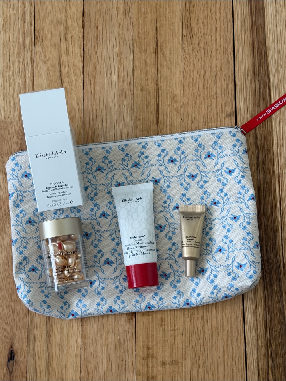 Elizabeth Arden Cream and Blue Floral Makeup Bag with Skincare Set